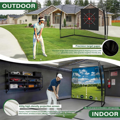 Golf Simulator Impact Screen Enclosure with Net & Target (Projector Not Included) - Golf Practice Cage with 270° Protection, Easy Setup to Use for Indoor Outdoor Home Garage Basement