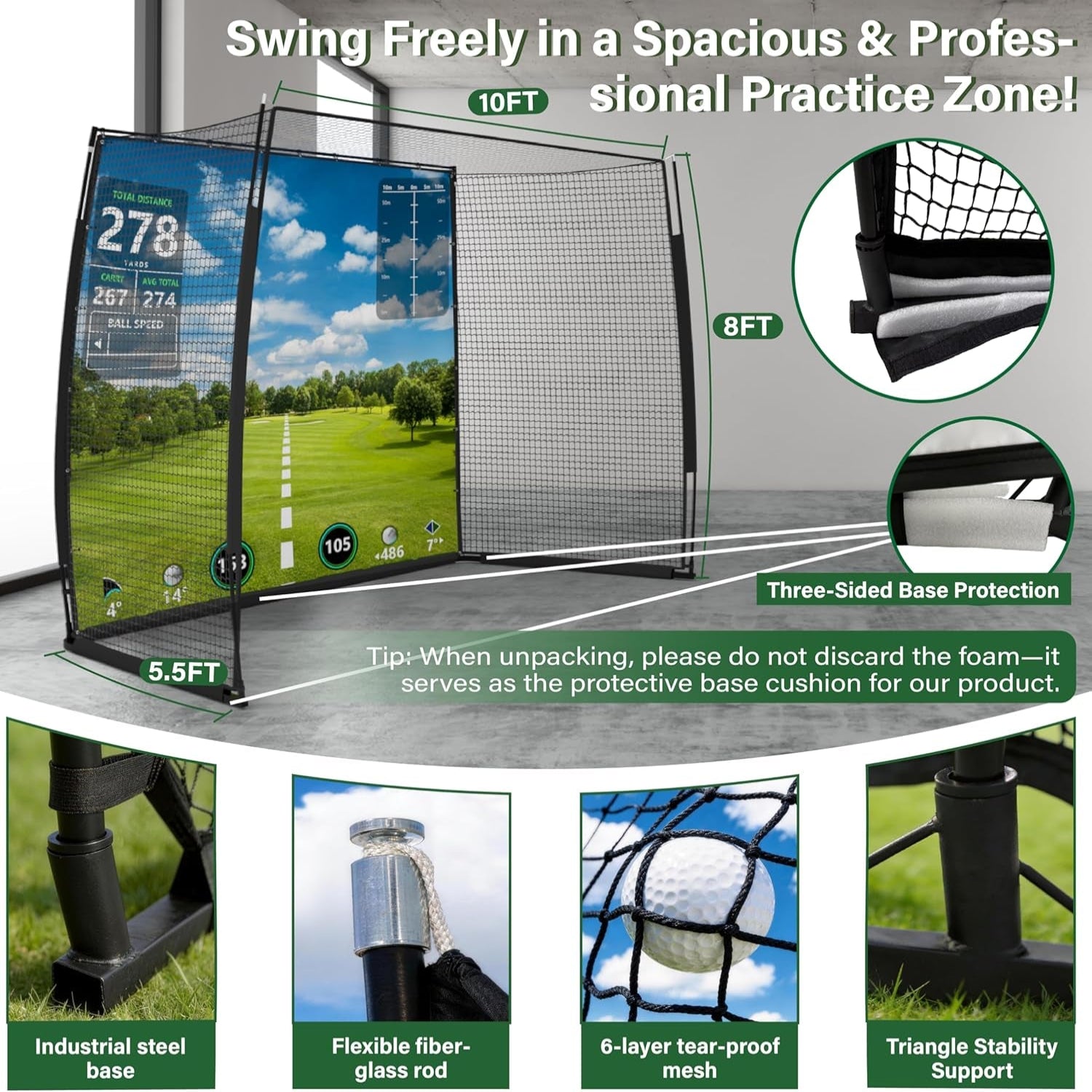 Golf Simulator Impact Screen Enclosure with Net & Target (Projector Not Included) - Golf Practice Cage with 270° Protection, Easy Setup to Use for Indoor Outdoor Home Garage Basement
