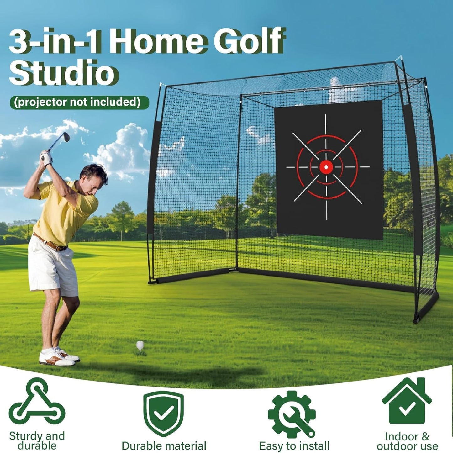 Golf Simulator Impact Screen Enclosure with Net & Target (Projector Not Included) - Golf Practice Cage with 270° Protection, Easy Setup to Use for Indoor Outdoor Home Garage Basement