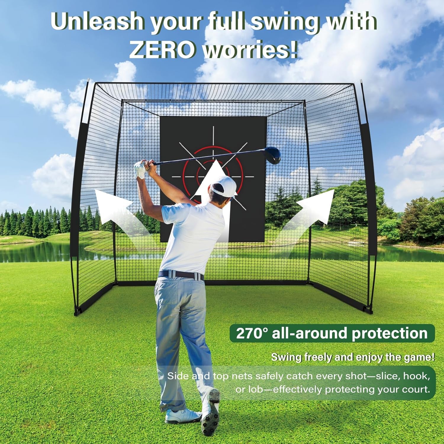 Golf Simulator Impact Screen Enclosure with Net & Target (Projector Not Included) - Golf Practice Cage with 270° Protection, Easy Setup to Use for Indoor Outdoor Home Garage Basement