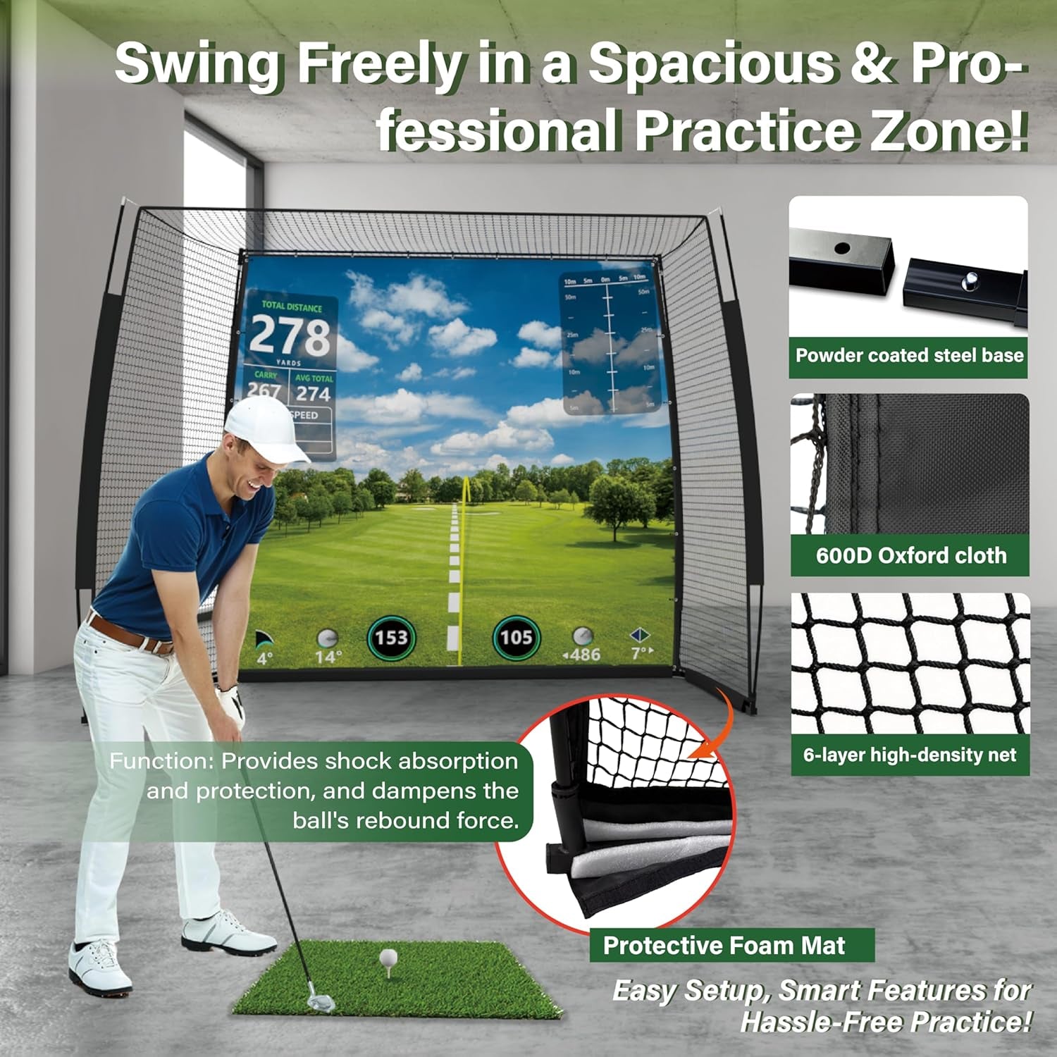 Golf Simulator Impact Screen Enclosure with Net & Target (Projector Not Included) - Golf Practice Cage with 270° Protection, Easy Setup to Use for Indoor Outdoor Home Garage Basement