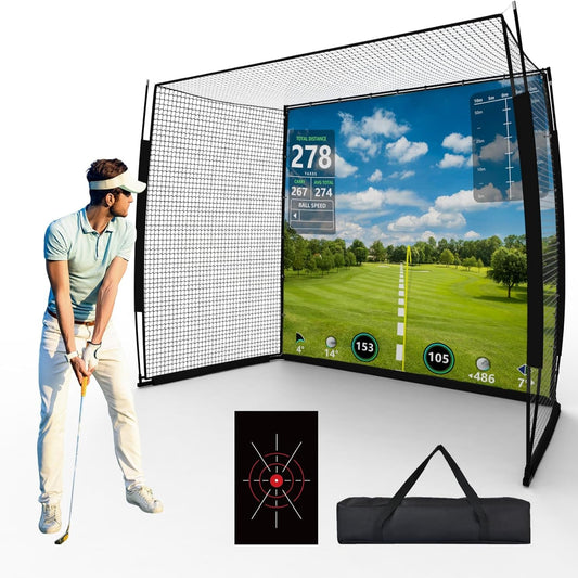 Golf Simulator Impact Screen Enclosure with Net & Target (Projector Not Included) - Golf Practice Cage with 270° Protection, Easy Setup to Use for Indoor Outdoor Home Garage Basement